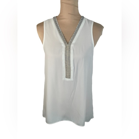 MOA MOA MISSES SIZE MEDIUM SLEEVELESS TANK IVORY PEARL& RHINESTONE ACCENTS NWT - Picture 1 of 7